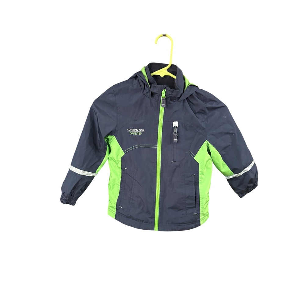 London‎ Fog Boys Navy Blue Neon Green Hooded Windbreaker Jacket Size M 5-6